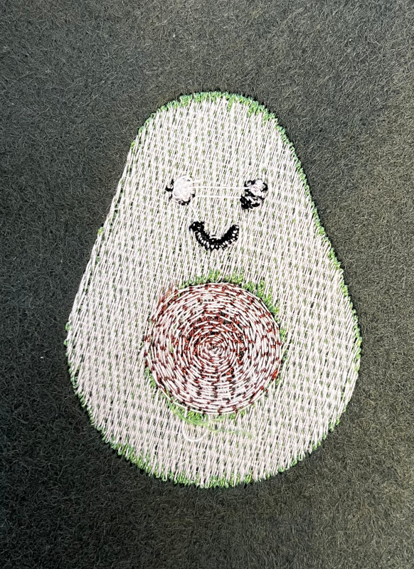 Avocado auf Filz gestickt, Ansicht von hinten