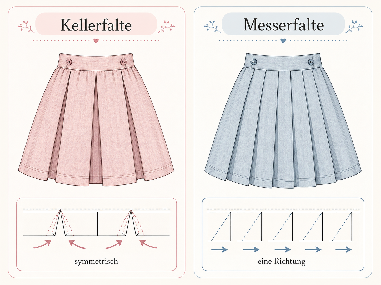 Die Infografik vergleicht zwei Arten von Falten für einen 50er-Jahre-Rock. Das Bild ist in zwei gleich große Bereiche geteilt: links eine rosa Darstellung der Kellerfalte, rechts eine hellblaue Darstellung der Messerfalte. Beide Röcke haben einen breiten Bund mit zwei Knöpfen und eine ausgestellte, glockenförmige Rockform, wie man sie von klassischen Kinder- oder 50er-Jahre-Röcken kennt. Links steht oben „Kellerfalte“. Darunter sieht man einen rosa Rock mit mehreren breiten, ruhigen Falten. Jede Falte wirkt wie ein kleiner Stoffkasten: In der Mitte liegt eine tiefe senkrechte Falte, und der Stoff öffnet sich von dort aus nach links und rechts. Dadurch sieht der Rock symmetrisch und geordnet aus. Die Kellerfalte erzeugt eher einzelne, breite Faltenfelder und wirkt etwas verspielter und voller. Unter dem linken Rock ist ein vereinfachtes Falt-Schema. Eine gestrichelte Linie zeigt die spätere Bundnaht. Darunter sieht man, wie der Stoff von beiden Seiten zur Mitte einer Falte gelegt wird. Pfeile zeigen nach innen. Die Beschriftung lautet „symmetrisch“. Rechts steht oben „Messerfalte“. Darunter sieht man einen hellblauen Rock mit vielen schmaleren, gleichmäßigen Falten. Alle Falten laufen in dieselbe Richtung, wie überlappende Stofflagen. Dadurch wirkt der Rock regelmäßiger, fließender und etwas ordentlicher gestaffelt als die Kellerfalte. Unter dem rechten Rock ist ebenfalls ein Falt-Schema. Wieder zeigt eine gestrichelte Linie die spätere Bundnaht. Darunter sind mehrere gleiche Falteneinheiten zu sehen, alle mit diagonalen Linien in dieselbe Richtung. Pfeile zeigen nach rechts. Die Beschriftung lautet „eine Richtung“. Kurz gesagt: Die Kellerfalte ist eine symmetrische Falte, bei der Stoff von links und rechts zur Mitte gelegt wird. Die Messerfalte ist eine einseitige Falte, bei der alle Falten in dieselbe Richtung zeigen.
